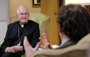 Archbishop Kurtz talking to Dr. Gregory Hillis.  Photo by Bill Luster, courtesy of Bellarmine University