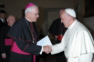 Archbishop Kurtz greets Pope Francis at the meeting with the leaders of the United States Conference of Catholic Bishops on October 7. 