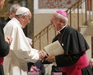 Pope Francis greets Archbishop Joseph E. Kurtz of Louisville, Ky., president of the U.S. Conference of Catholic Bishops, during a meeting with U.S. bishops in the Cathedral of St. Matthew the Apostle in Washington Sept. 23. (CNS photo/Paul Haring)omas